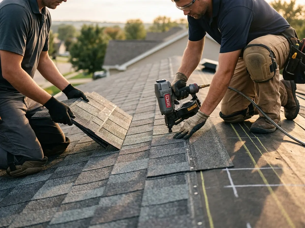 Professional roofer working on a residential roof in Country Club Hills